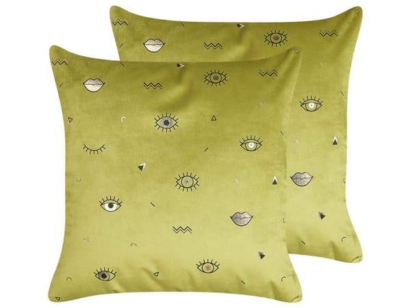 Sæt med 2 Pyntepuder Olivengrøn Velour 45 x 45 cm Øjenmotiv Glamour Dekor Accessories