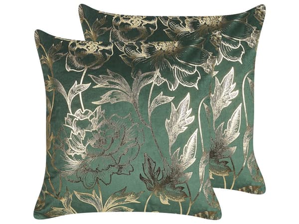 Sæt med 2 Pyntepuder Grøn Velour 45 x 45 cm Guld Blomsterfolie Print Glamour Dekor Accessories