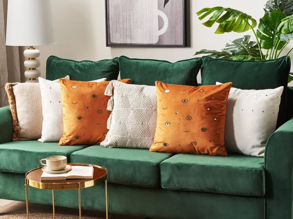 Sæt med 2 Pyntepuder Orange Velour 45 x 45 cm Øjenmotiv Glamour Dekor Accessories