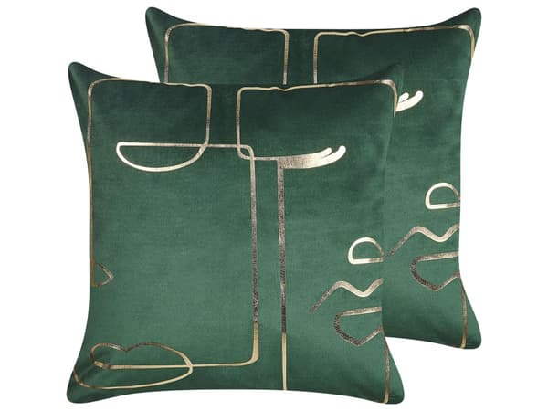 Sæt med 2 Pyntepuder Grøn Velour 45 x 45 cm Ansigtsmotiv Print Glamour Dekor Accessories