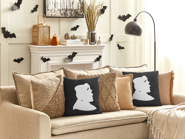 Pyntepuder Sort Hvid Velour Sæt 45 x 45 cm Dekorative Små Firkantede Mønstret Sofapuder Frankenstein Halloween Tilbehør Dekoration Stue Seng