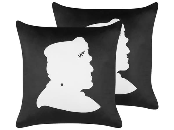 Pyntepuder Sort Hvid Velour Sæt 45 x 45 cm Dekorative Små Firkantede Mønstret Sofapuder Frankenstein Halloween Tilbehør Dekoration Stue Seng