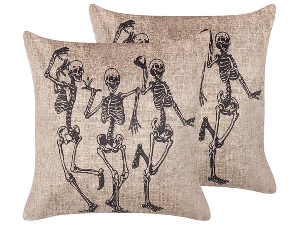 Sæt med 2 dekorative puder Beige velour 45 x 45 cm Skeletmønster Firkantet Moderne Halloween Dekorationstilbehør
