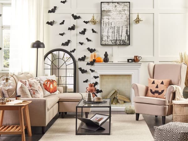Pyntepude Beige og Sort Velour 45 x 45 cm Jack O Lantern Mønster Lille Moderne Halloween Dekorationstilbehør Stue Sofa Soveværelse Dekor