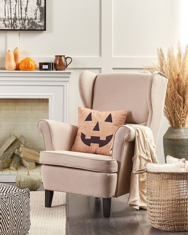 Pyntepude Beige og Sort Velour 45 x 45 cm Jack O Lantern Mønster Lille Moderne Halloween Dekorationstilbehør Stue Sofa Soveværelse Dekor