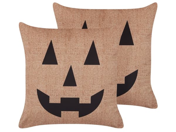 Pyntepuder Beige og Sort velour Sæt 45 x 45 cm Jack O Lantern Mønster Små Moderne Halloween Dekorationstilbehør Stue Sofa Soveværelse Dekor