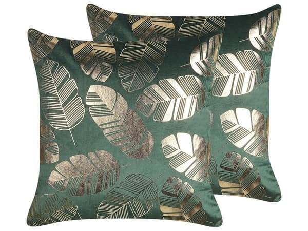 Koristetyynysetti vihreä sametti 45 x 45 cm kultainen lehtikuvio glamour-tyyli