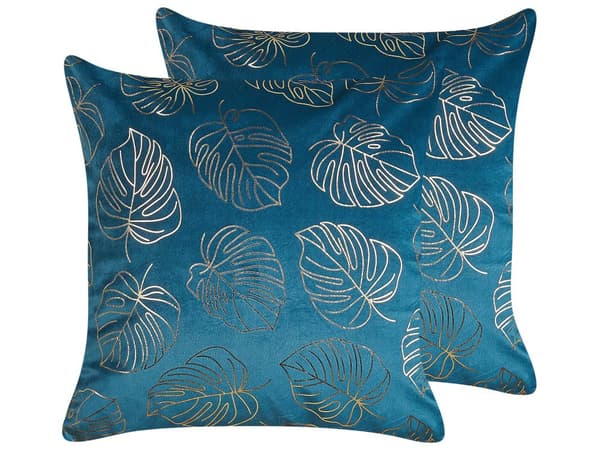 Koristetyyny sininen 45 x 45 x 10 cm sametti kultainen lehtikuvio 2 kpl glamour