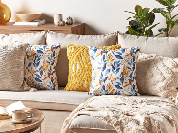 Pyntepuder Gul Blå Velour Sæt 45 x 45 cm Små Flotte Firkantede Bløde Sofapuder til Stuen Bladmønster Puder til Seng Boho Tilbehør Soveværelse