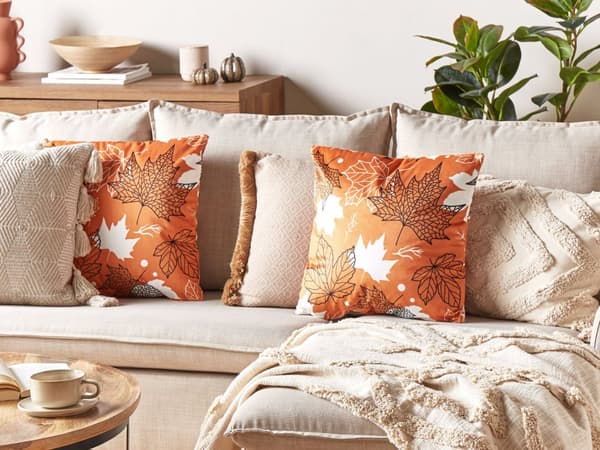 Pyntepuder Hvid Orange Velour Sæt 45 x 45 cm Små Firkantede Bløde Sofapuder til Stue Bladmønster Puder til Seng Boho Tilbehør Soveværelse