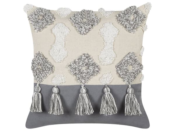 Koristetyyny beige harmaa 45 x 45 x 10 cm puuvilla polyesteri 2 kpl tupsut boho rustiikkinen