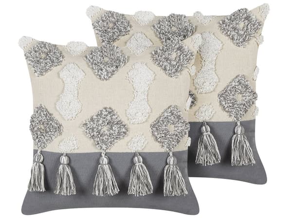 Koristetyyny beige harmaa 45 x 45 x 10 cm puuvilla polyesteri 2 kpl tupsut boho rustiikkinen