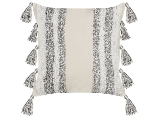 Koristetyyny beige harmaa 45 x 45 x 10 cm puuvilla 2 kpl raidallinen tupsut boho rustiikkinen