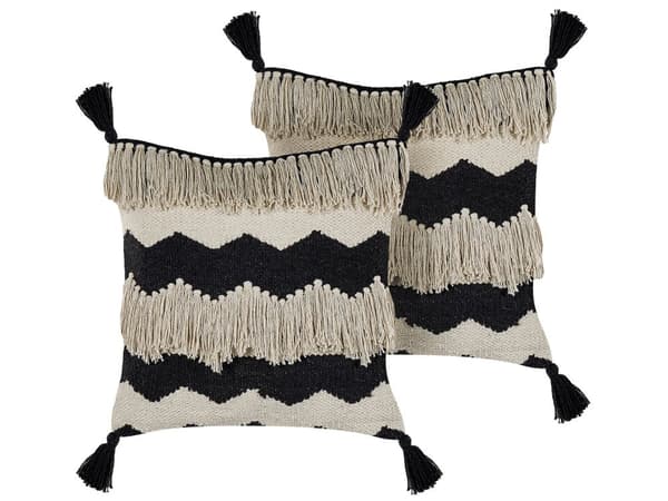 Koristetyyny beige musta 45 x 45 x 10 cm puuvilla polyesteri 2 kpl geometrinen kuvio tupsut boho