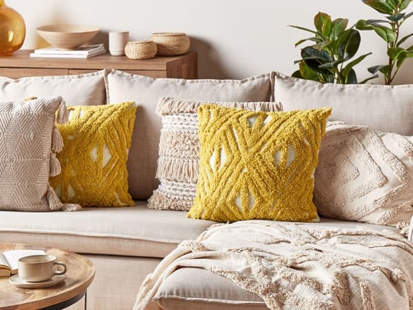 Pyntepuder Beige Gul Bomuld 45 x 45 cm Små Firkantede Sofapuder Tekstureret Mønster Puder til Stuen Soveværelse Indretning Tilbehør