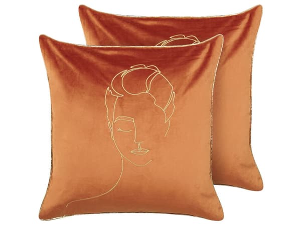 Koristetyyny oranssi 45 x 45 x 10 cm sametti 2 kpl kultainen kasvokuvio glamour