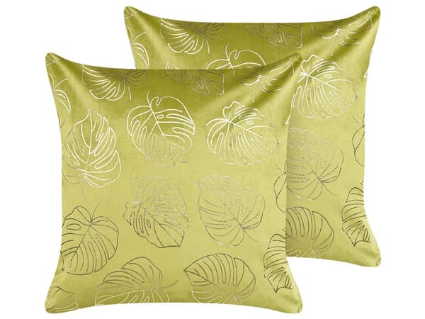 Koristetyyny vaaleanvihreä 45 x 45 x 10 cm sametti kultainen lehtikuvio 2 kpl glamour