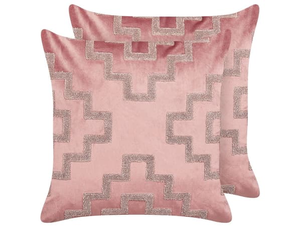 Sæt med 2 dekorative puder Lyserød Velour 45 x 45 cm Geometrisk mønster Glamour Accessories