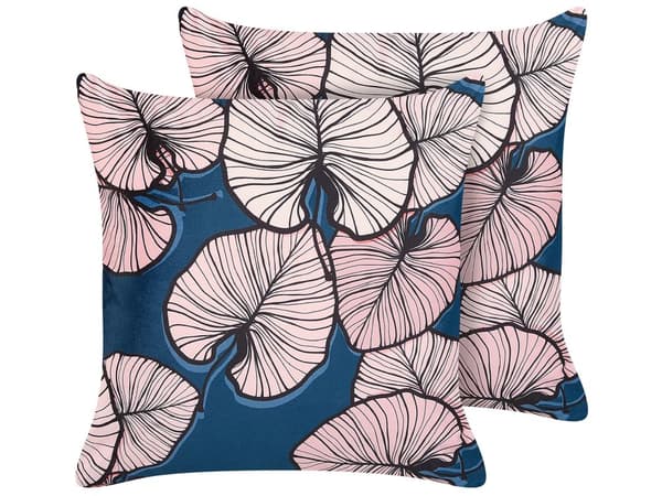 Sæt med 2 dekorative puder Lyserød Blå Velour 45 x 45 cm Bladtryk Glamour Tilbehør