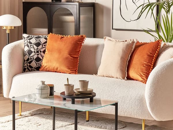Koristetyyny oranssi 45 x 45 x 10 cm sametti tupsut 2 kpl irrotettava päällinen retro