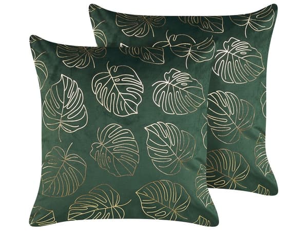 Koristetyyny tummanvihreä 45 x 45 x 10 cm sametti kultainen lehtikuvio 2 kpl glamour