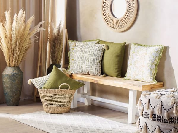 Pynte Pude Grøn og Hvid 45 x 45 cm Håndbloktryk Aftagelige betræk Lynlås Boho-mønster