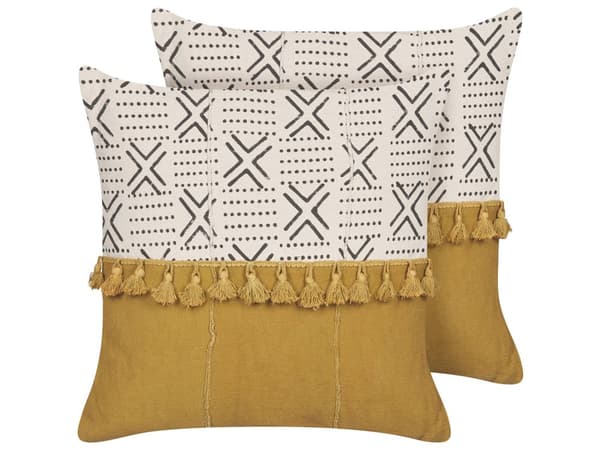 Koristetyyny valkoinen/keltainen puuvilla 45 x 45 cm 2 kpl tupsuilla boho-tyyli