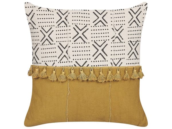 Koristetyyny valkoinen/keltainen puuvilla 45 x 45 cm tupsuilla boho-tyyli