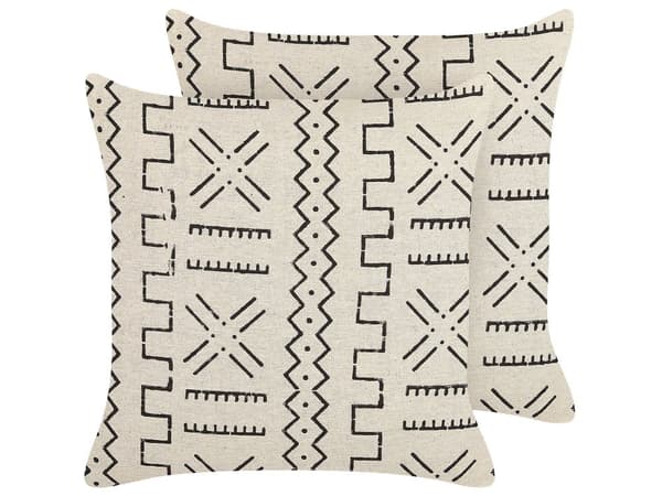 Sæt med 2 dekorative puder hvid og sort bomuld 45 x 45 cm geometrisk mønster folietryk Boho dekorationstilbehør