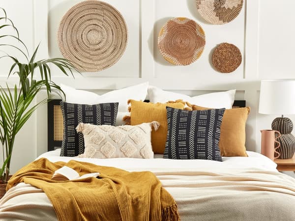 Sæt med 2 dekorative puder sort og hvid bomuld 45 x 45 cm geometrisk mønster blok print Boho dekorationstilbehør