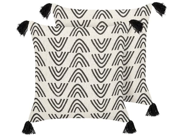 Sæt med 2 dekorative puder hvid og sort bomuld 45 x 45 cm geometrisk mønster folietryk Boho dekorationstilbehør