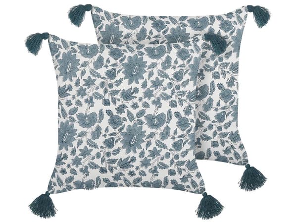 Sæt med 2 dekorative puder hvid og blå bomuld 45 x 45 cm geometrisk mønster blok print med kvaster Boho dekorationstilbehør