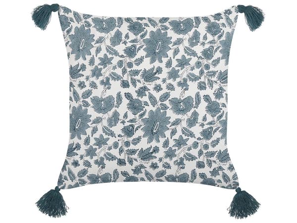 Pyntepude hvid og blå bomuld 45 x 45 cm geometrisk mønster blokprint med kvaster Boho dekorationstilbehør