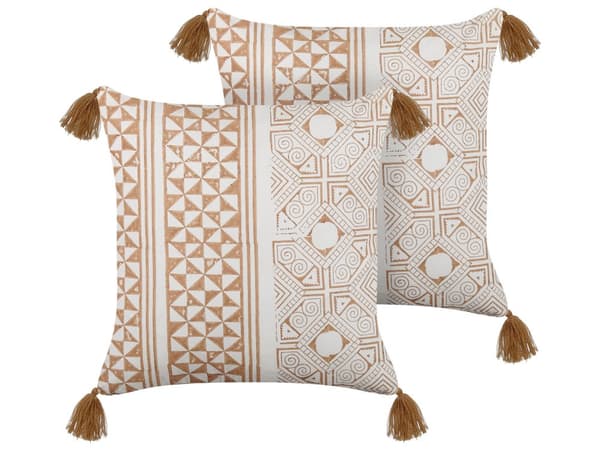 Koristetyyny valkoinen vaaleanruskea 45 x 45 x 10 cm puuvilla 2 kpl geometrinen tupsut boho