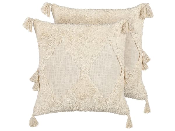 Koristetyyny vaalea beige 45 x 45 x 10 cm puuvilla 2 kpl tuftattu tupsut geometrinen kuvio boho