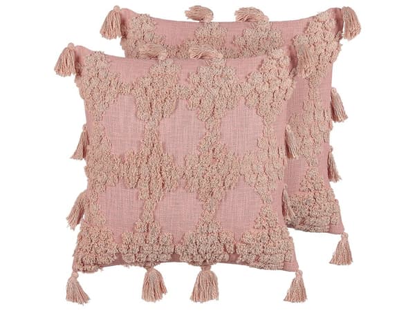 Koristetyyny vaaleanpunainen 45 x 45 x 10 cm puuvilla 2 kpl tupsut geometrinen kuvio boho