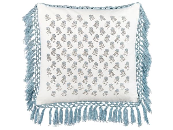 Sæt med 2 puder hvid og blå bomuld 45 x 45 cm blomstermønster frynsede håndlavet aftageligt betræk med fyld Boho stil