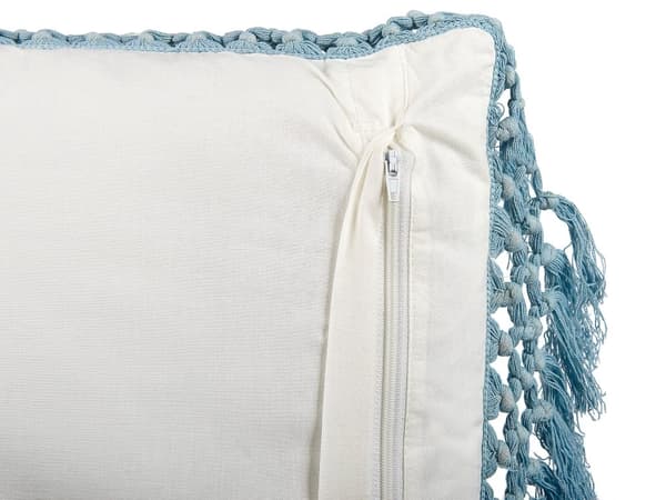 Sæt med 2 puder hvid og blå bomuld 45 x 45 cm blomstermønster frynsede håndlavet aftageligt betræk med fyld Boho stil