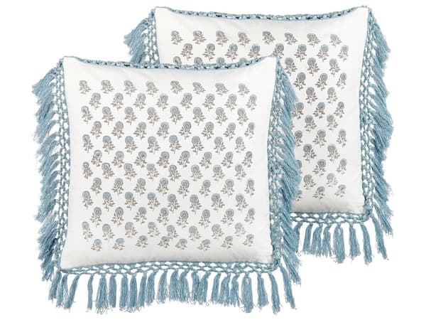 Sæt med 2 puder hvid og blå bomuld 45 x 45 cm blomstermønster frynsede håndlavet aftageligt betræk med fyld Boho stil