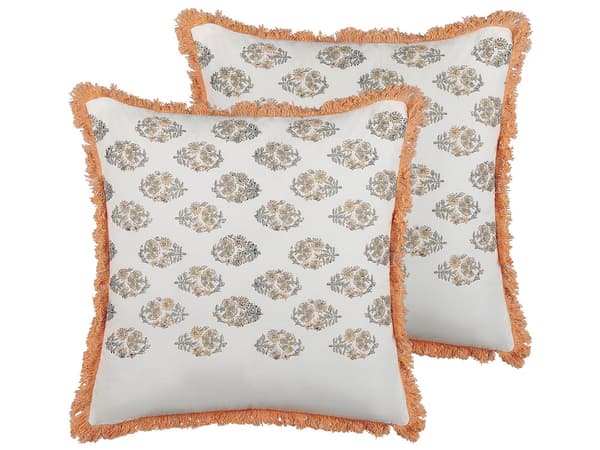 Sæt med 2 puder hvid og orange bomuld 45 x 45 cm blomstermønster kvaster Håndlavet aftageligt betræk med fyld Boho Style