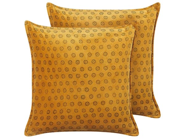 Sæt med 2 Pyntepuder Orange Velour 45 x 45 cm Solmønster Bloktrykt Boho Decor Accessories
