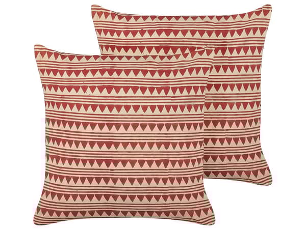 Sæt med 2 puder rød og beige bomuld 45 x 45 cm geometrisk mønster Håndlavet aftageligt betræk med fyld Boho Style