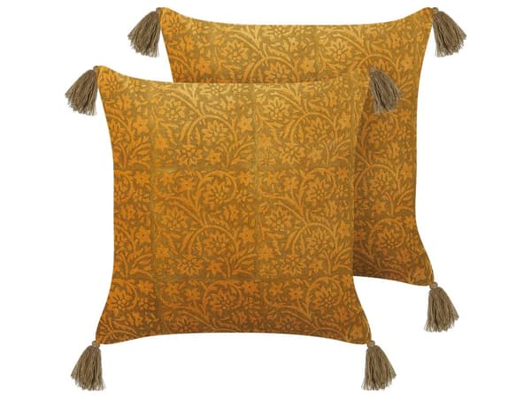 Koristetyyny keltainen 45 x 45 x 10 cm sametti puuvilla 2 kpl kukkakuvio tupsut boho
