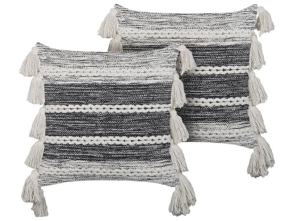 Koristetyyny musta valkoinen 45 x 45 x 14 cm puuvilla 2 kpl tupsut raidallinen moderni boho