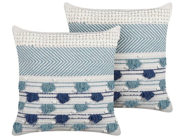 Sæt med 2 Pyntepuder Hvid og Blå Bomuld 45 x 45 cm med Kvaster Boho Dekorationstilbehør