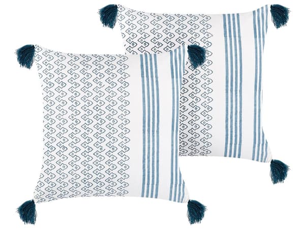 Koristetyyny valkoinen/sininen puuvilla 45 x 45 cm 2 kpl tupsuilla boho tyyli