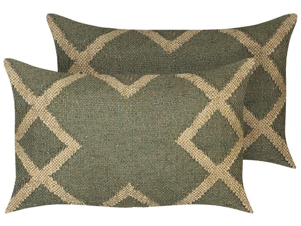 Sæt med 2 Puder Grøn og Beige Jute og Uld 30 x 50 cm Geometrisk Mønster Falmede Farver