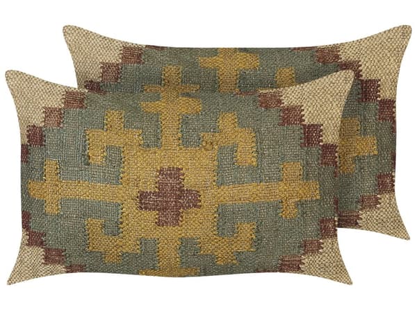 Sæt med 2 Puder Multifarvet Jute og Uld 30 x 50 cm Orientalsk Mønster Kelim Stil Udvaskede Jordfarver
