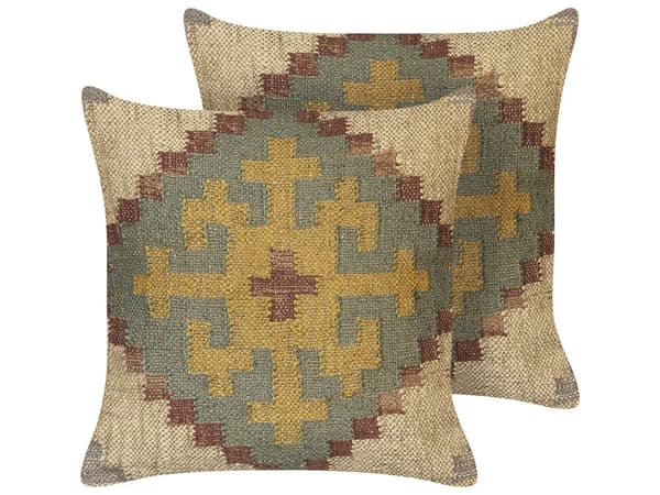 Sæt med 2 Puder Multifarvet Jute og Uld 45 x 45 cm Orientalsk Mønster Kilim Stil Udvaskede Jordfarver