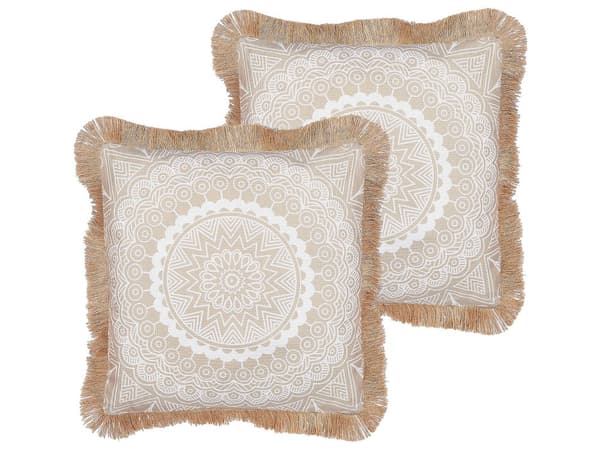 Koristetyyny beige/valkoinen polyesteripäällinen 45 x 45 cm 2 kpl koristeelliset hapsut boho-tyyli